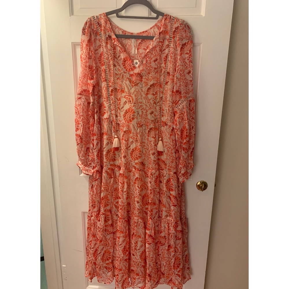 Anthropologie Red Tiered Midi Dress with Bishop Sleeves